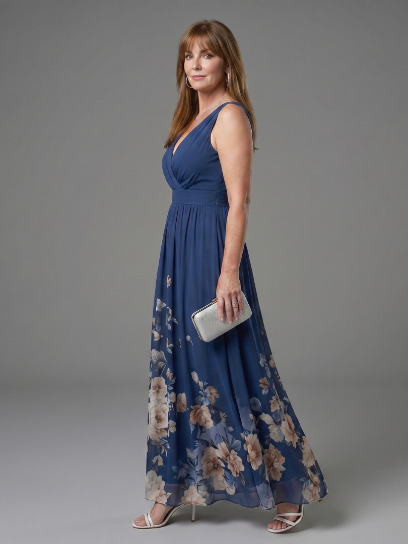 Clarissa™ Sleeveless V Neck Soft Floral Hem Midi Dress