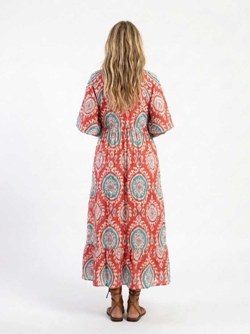 Zaria™ Paisley Print V Neck Short Sleeve Midi Dress
