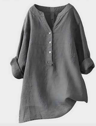 Veronique Elegant Cotton-Linen V-Neck Blouse