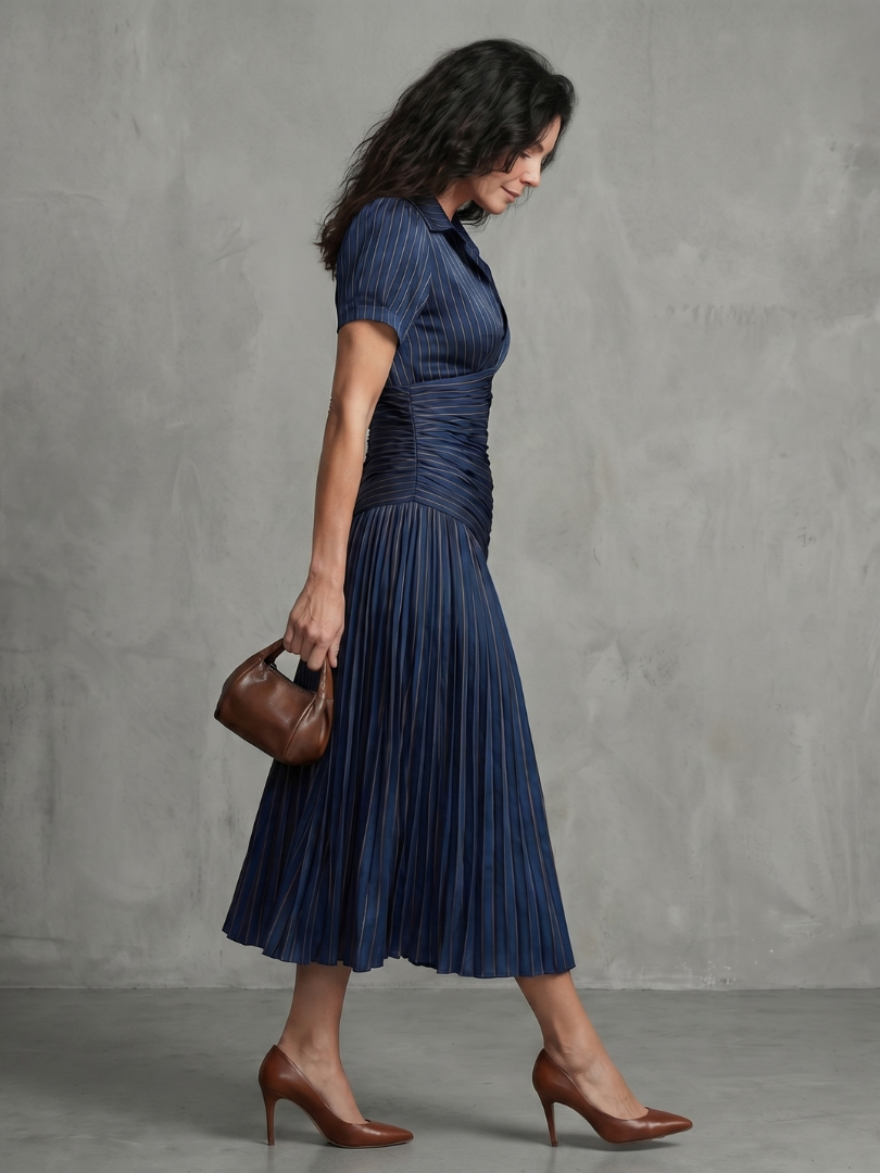 Theodora™ Pleated Waistline Stripe Midi Dress