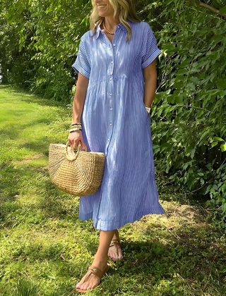 Marina™ Elegant Striped Maxi Shirt Dress with Pockets