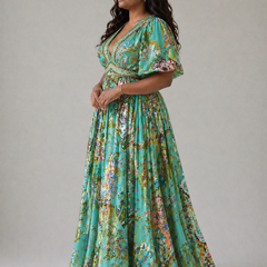 Evangelina™ Airy Maxi Dress with Puff Sleeves and V-neck