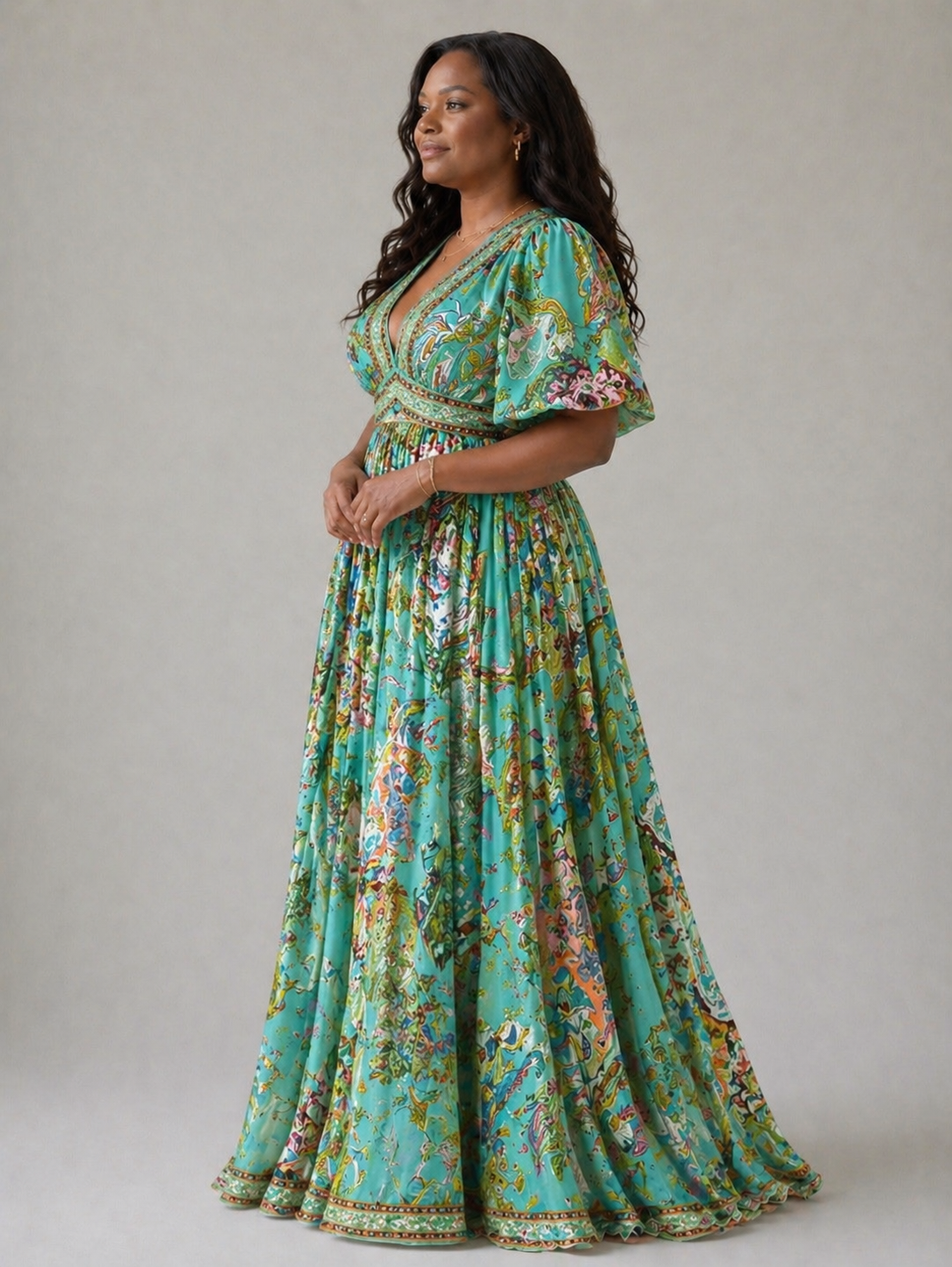 Evangelina™ Airy Maxi Dress with Puff Sleeves and V-neck
