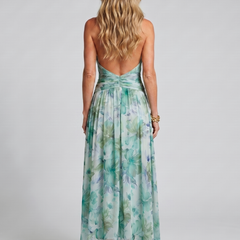 Portia™ Pleated Halter Soft Floral Pattern Midi Dress