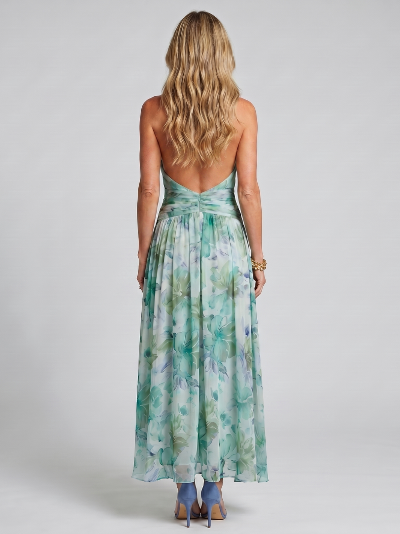 Portia™ Pleated Halter Soft Floral Pattern Midi Dress