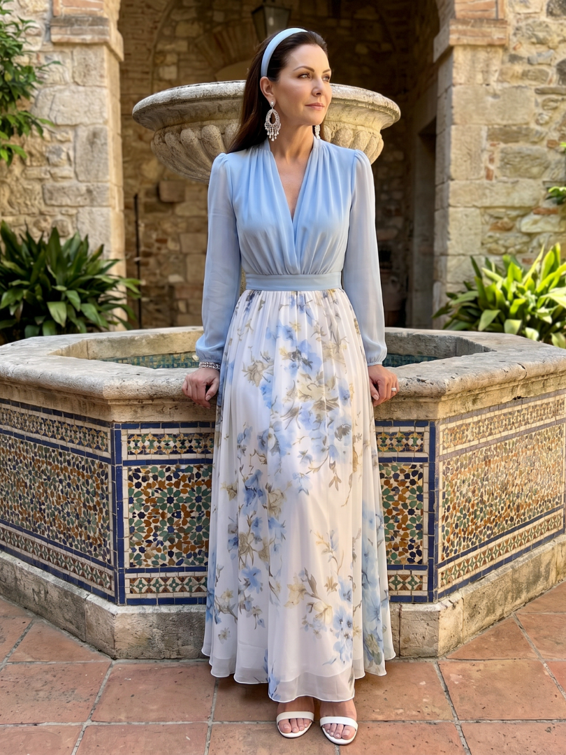 Augusta™ V Neck Sheer Bodice Floral Maxi Dress