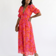 Willow™ Floral V Neck Puff Sleeve Midi Dress