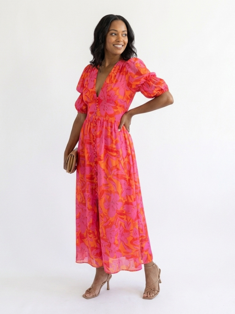 Willow™ Floral V Neck Puff Sleeve Midi Dress