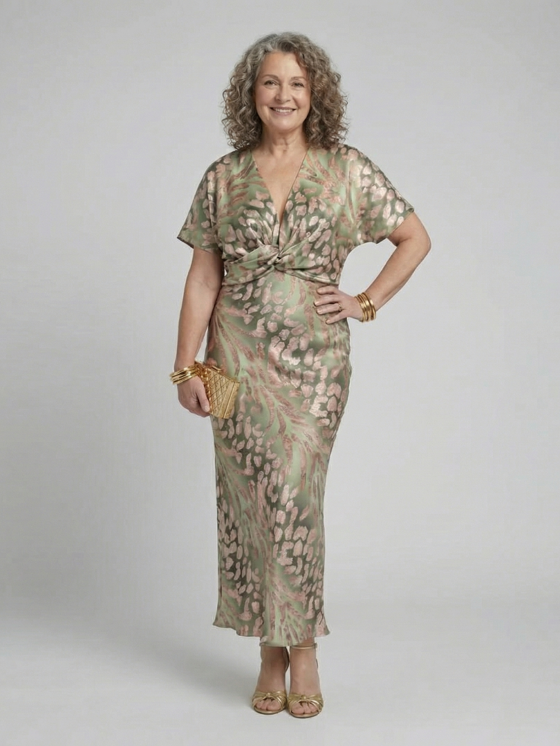 Coralie™ Abstract Print V Neck Twist Waist Midi Dress