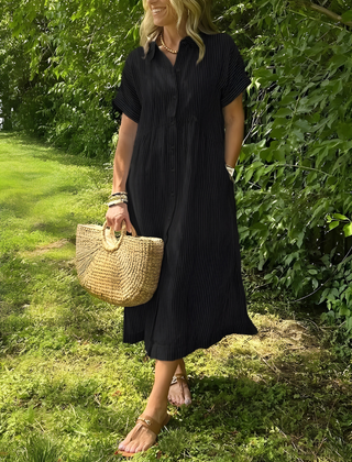 Marina™ Elegant Striped Maxi Shirt Dress with Pockets