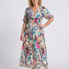 Eulalie™ V Neck Short Sleeve Gathered Waist Midi Dress