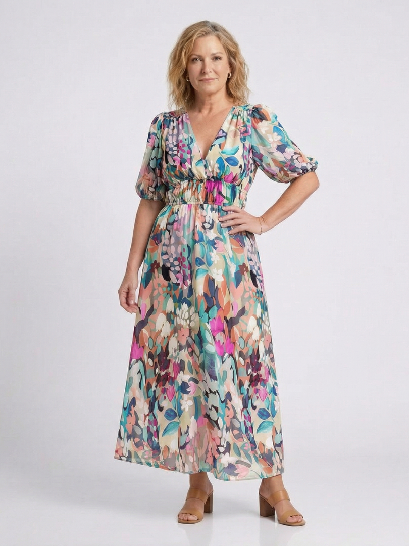 Eulalie™ V Neck Short Sleeve Gathered Waist Midi Dress