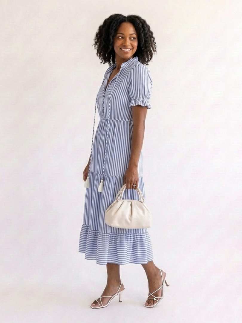 Dakota™ Short Sleeve Striped Tiered Midi Dress
