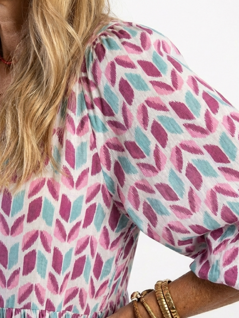 Mireya™ Geometric Print Long Sleeve Tiered Midi Dress