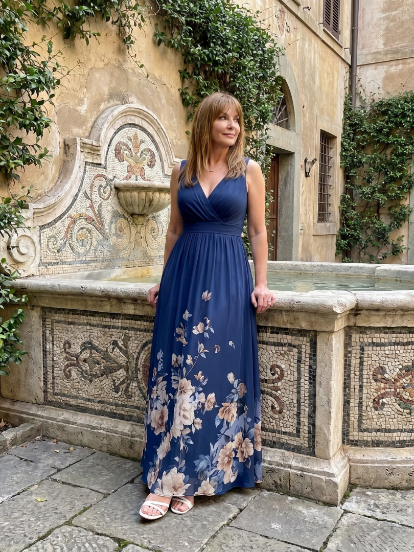 Clarissa™ Sleeveless V Neck Soft Floral Hem Midi Dress