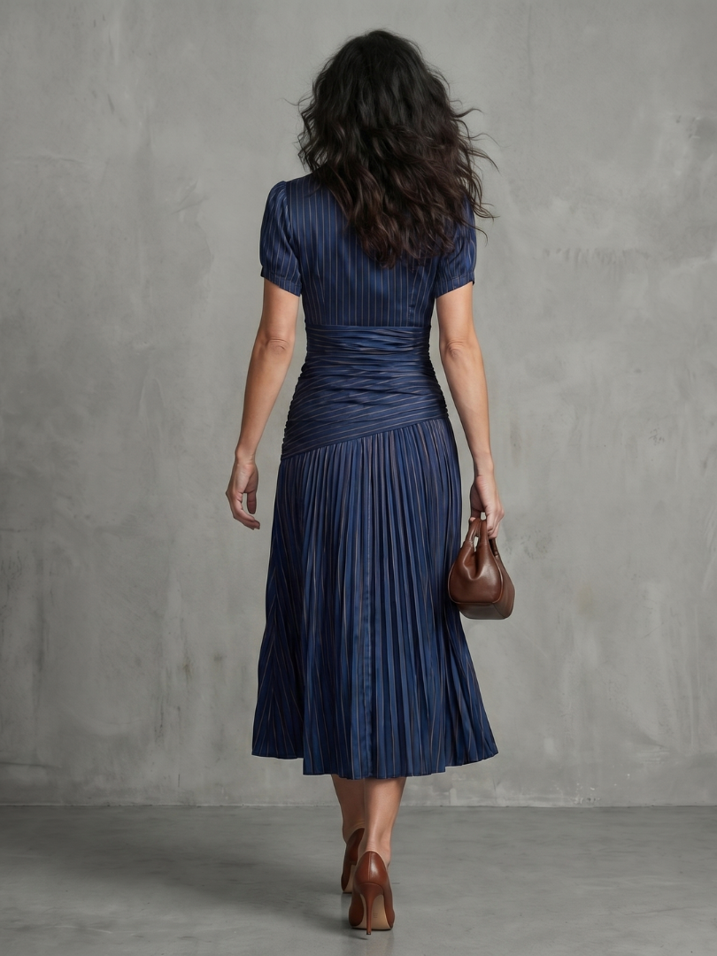 Theodora™ Pleated Waistline Stripe Midi Dress