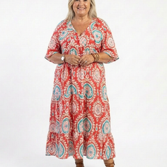 Zaria™ Paisley Print V Neck Short Sleeve Midi Dress