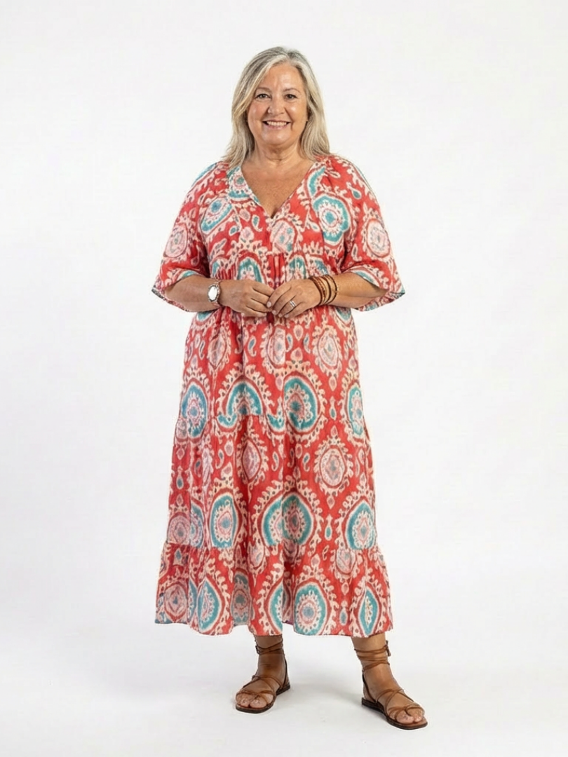 Zaria™ Paisley Print V Neck Short Sleeve Midi Dress
