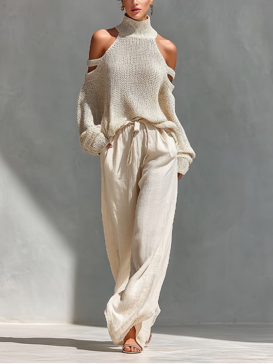 Elyzia™ Off-Shoulder Knit Top and Wide-Leg Pants Set