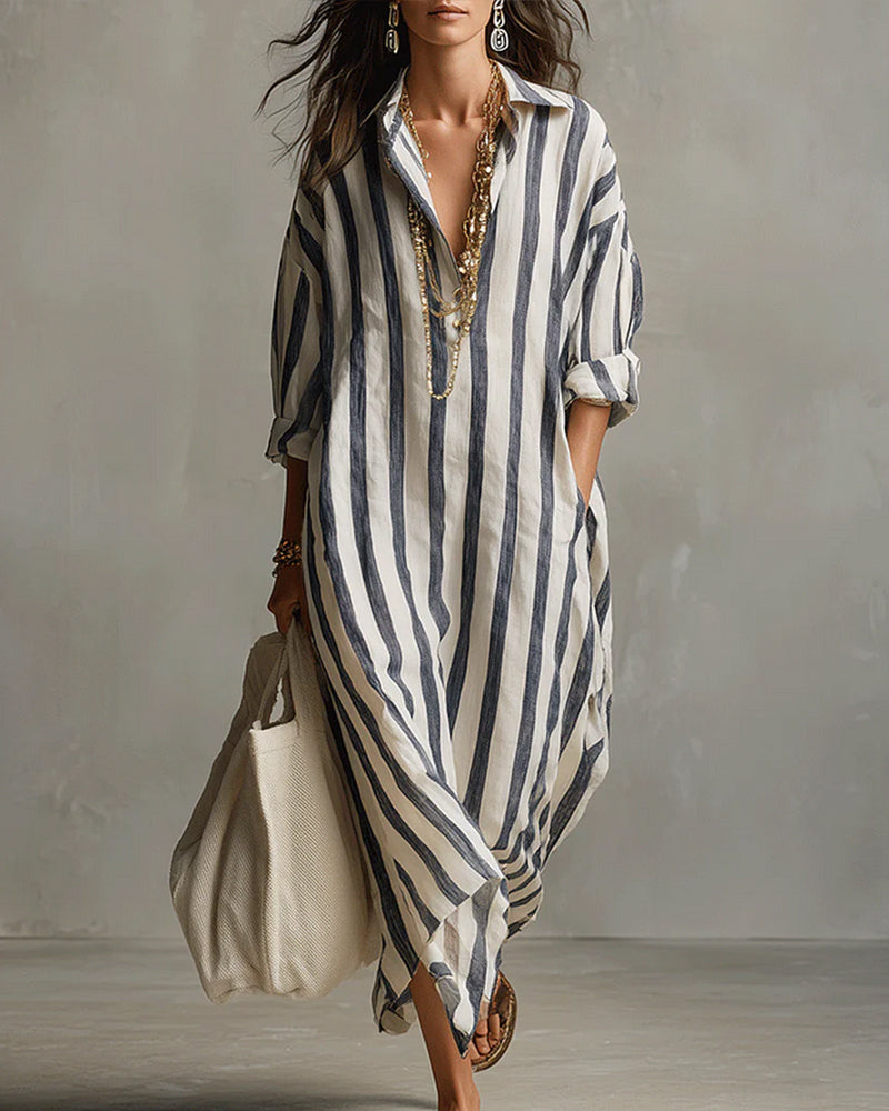Saskia™ Striped Maxi Dress with Lapel Collar
