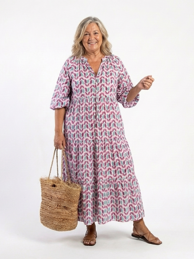 Mireya™ Geometric Print Long Sleeve Tiered Midi Dress