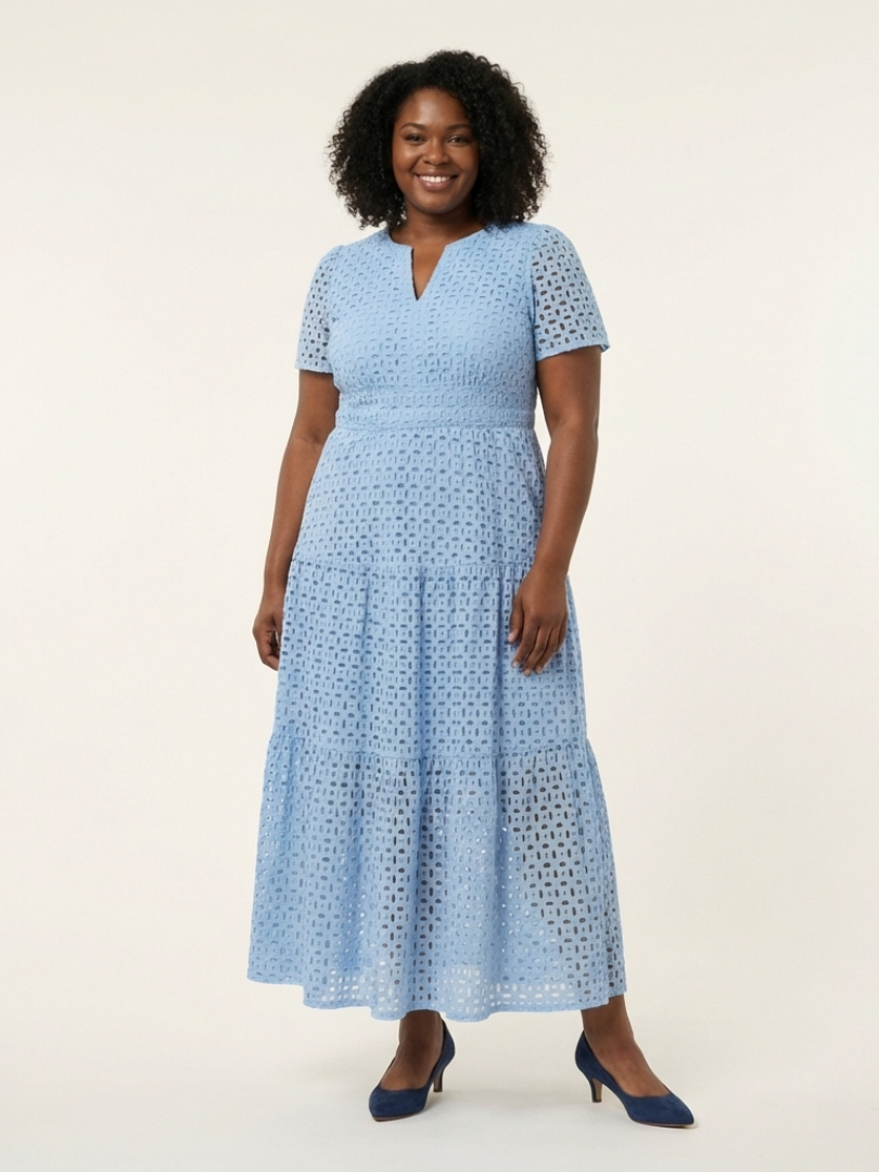 Brielle™ V Neck Short Sleeve Tiered Midi Dress
