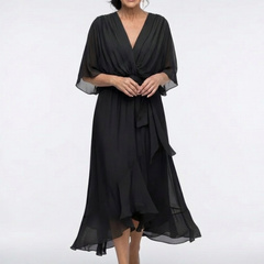 Elysia™ V Neck Draped Waist Tie Midi Dress