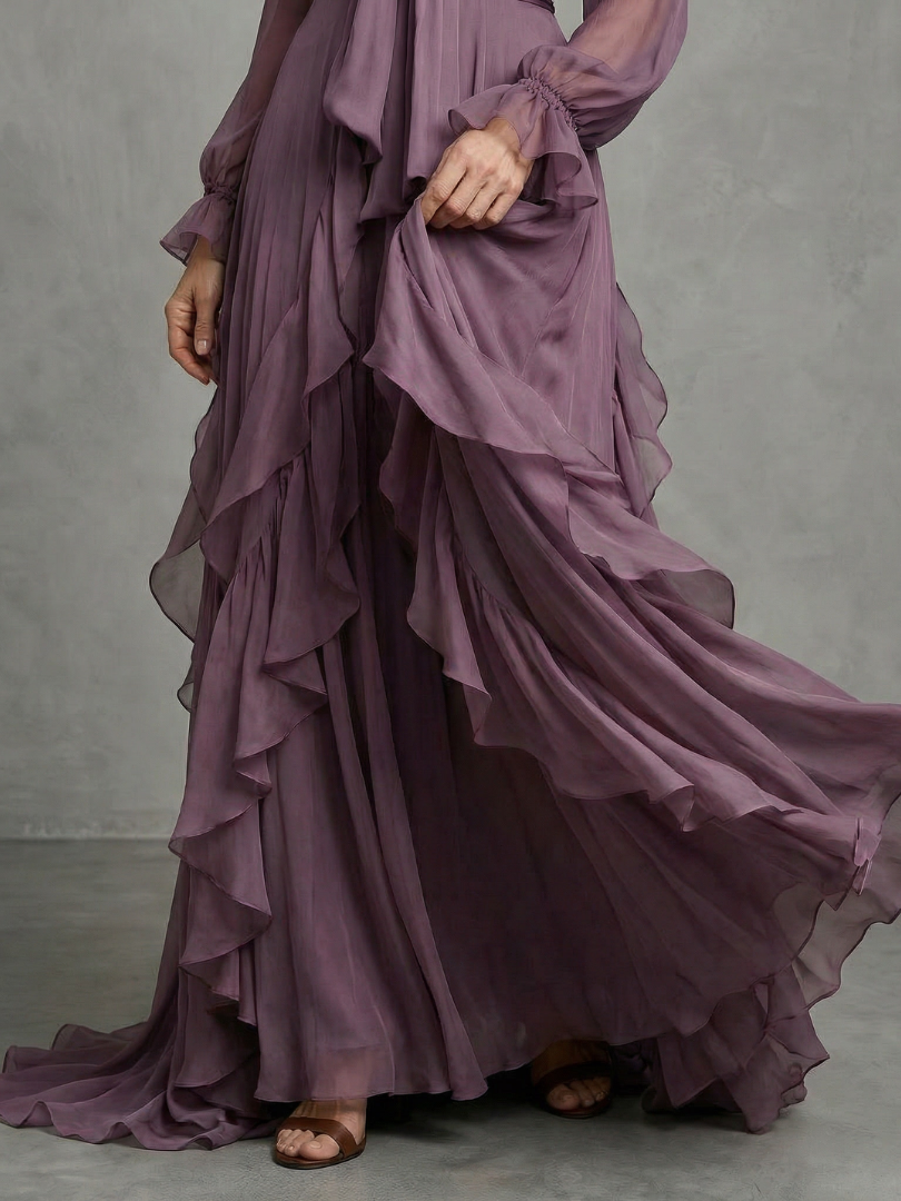Demetria™ Tie Neck Ruffle Tiered Maxi Dress