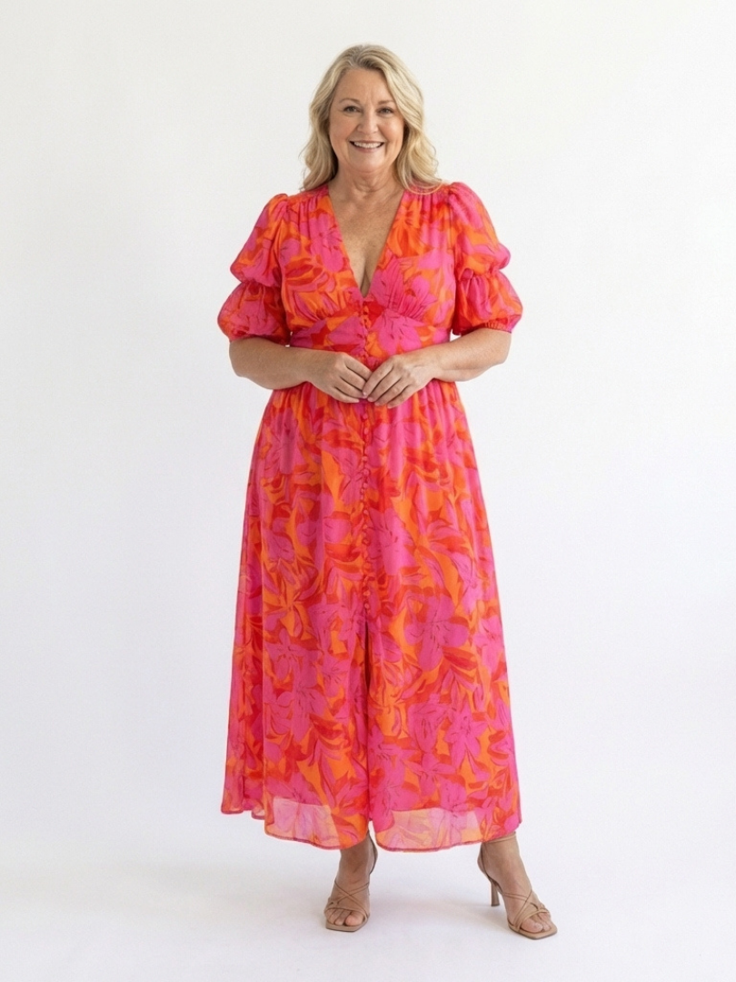 Willow™ Floral V Neck Puff Sleeve Midi Dress
