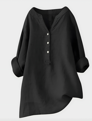 Veronique Elegant Cotton-Linen V-Neck Blouse