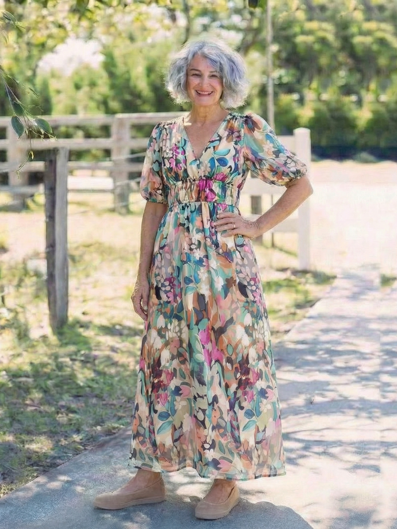 Eulalie™ V Neck Short Sleeve Gathered Waist Midi Dress