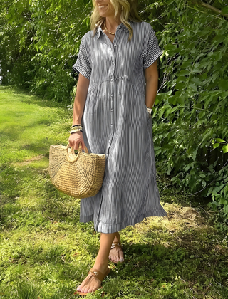 Marina™ Elegant Striped Maxi Shirt Dress with Pockets