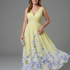 Clarissa™ Sleeveless V Neck Soft Floral Hem Midi Dress