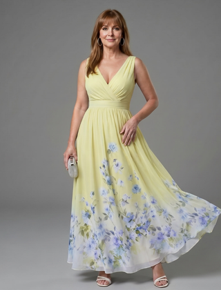 Clarissa™ Sleeveless V Neck Soft Floral Hem Midi Dress