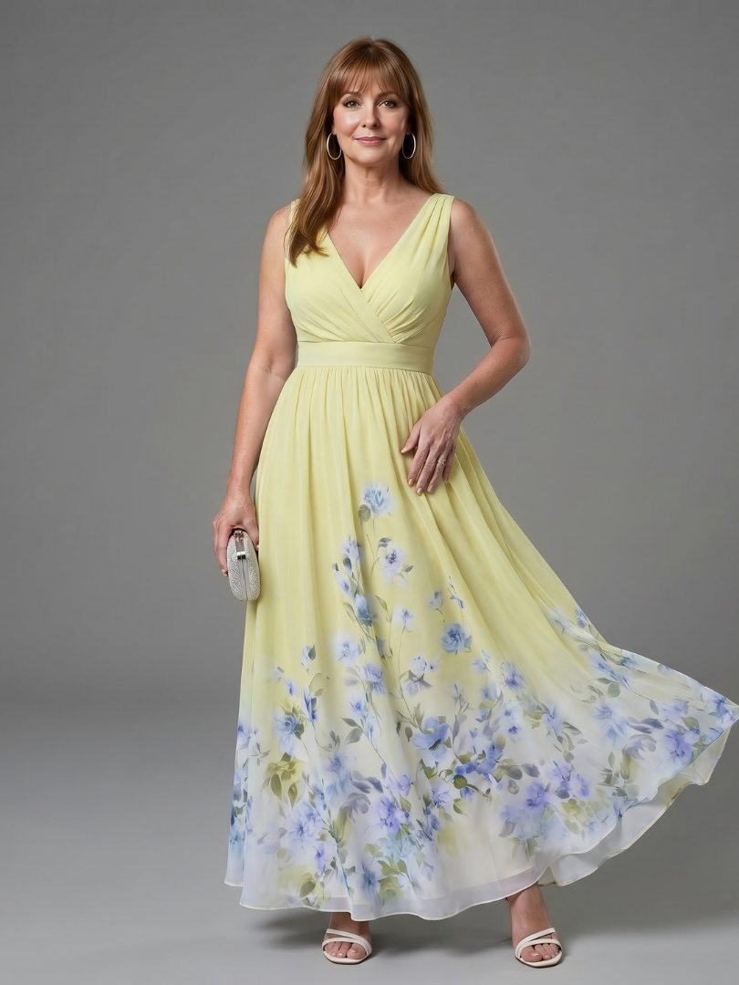 Clarissa™ Sleeveless V Neck Soft Floral Hem Midi Dress