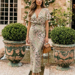 Coralie™ Abstract Print V Neck Twist Waist Midi Dress