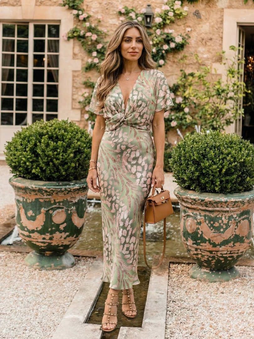 Coralie™ Abstract Print V Neck Twist Waist Midi Dress