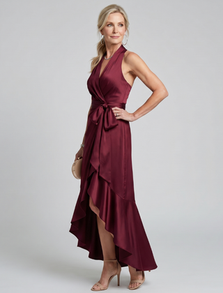 Honora™ Halter Neck Wrap Asymmetric Hem Midi Dress