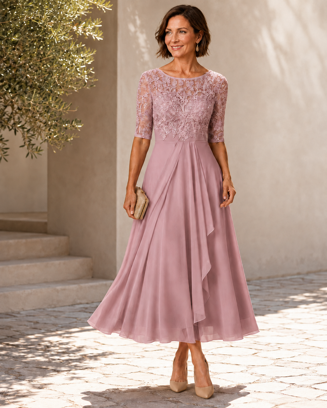Avi Lace Bodice Draped Midi Dress