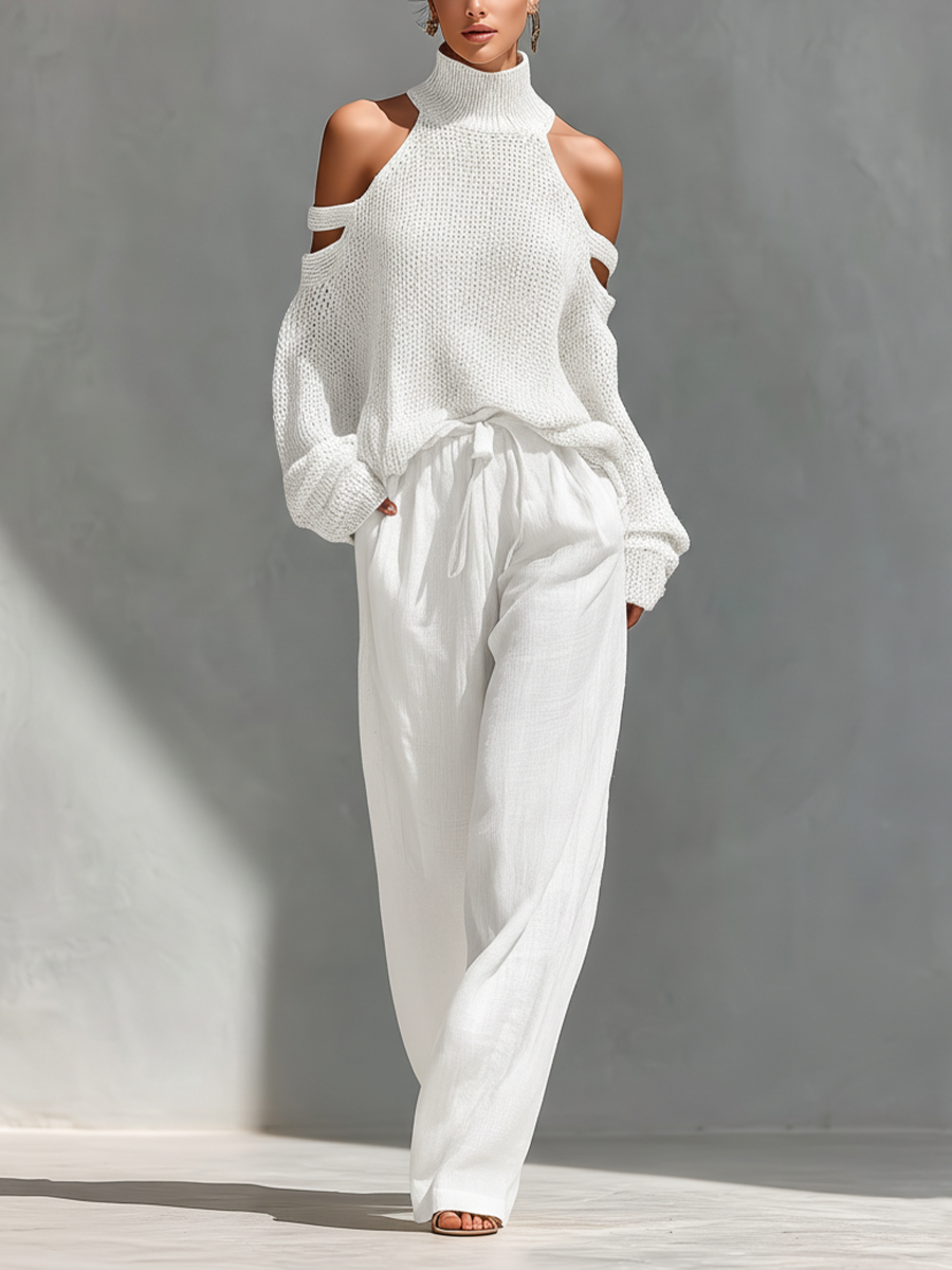 Elyzia™ Off-Shoulder Knit Top and Wide-Leg Pants Set