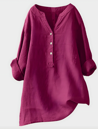 Veronique Elegant Cotton-Linen V-Neck Blouse