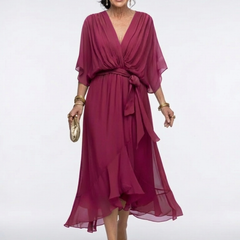 Elysia™ V Neck Draped Waist Tie Midi Dress