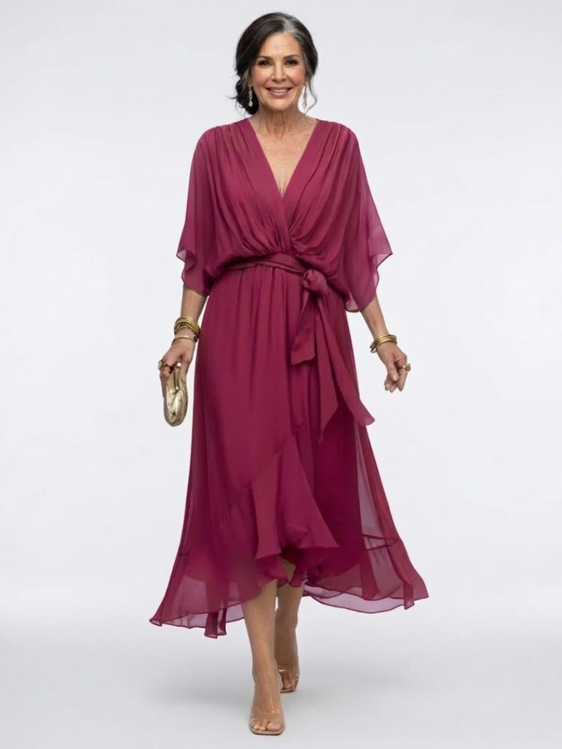 Elysia™ V Neck Draped Waist Tie Midi Dress