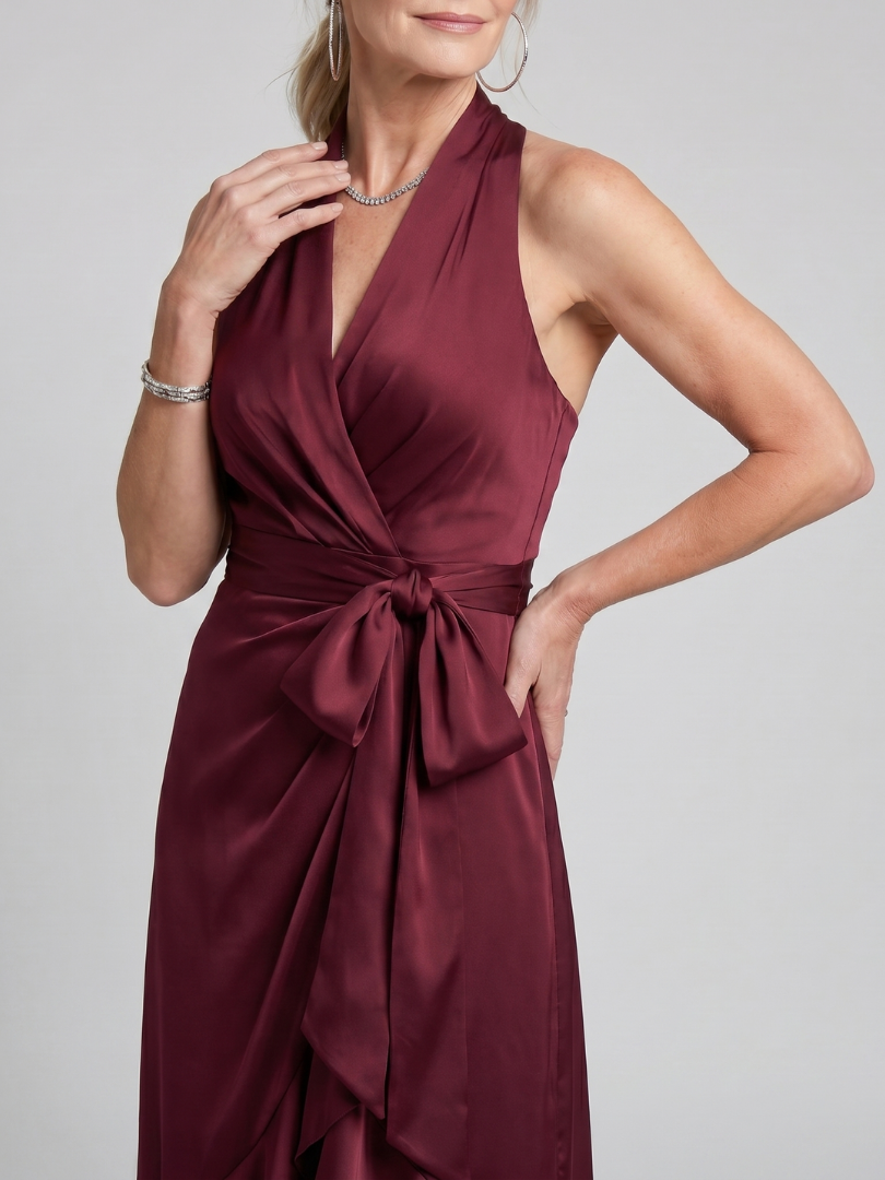Honora™ Halter Neck Wrap Asymmetric Hem Midi Dress