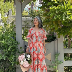 Zaria™ Paisley Print V Neck Short Sleeve Midi Dress