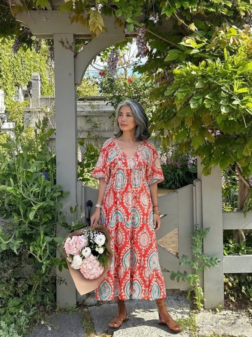 Zaria™ Paisley Print V Neck Short Sleeve Midi Dress