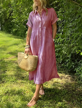 Marina™ Elegant Striped Maxi Shirt Dress with Pockets