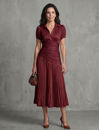 Theodora™ Pleated Waistline Stripe Midi Dress