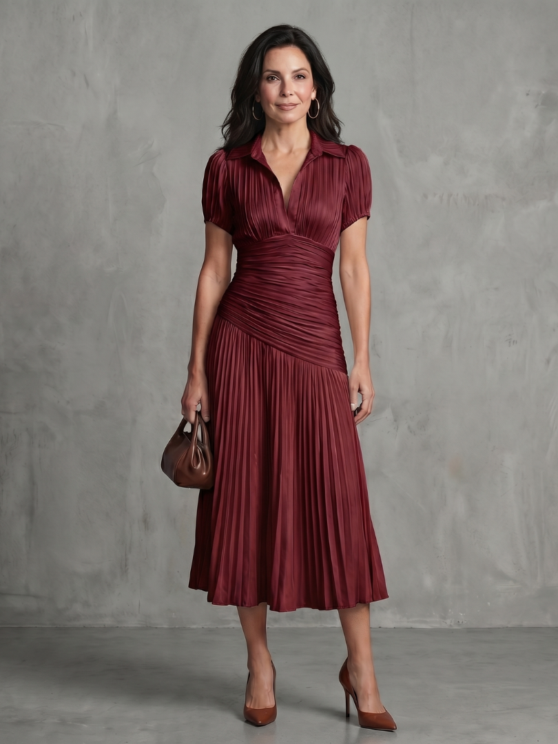 Theodora™ Pleated Waistline Stripe Midi Dress