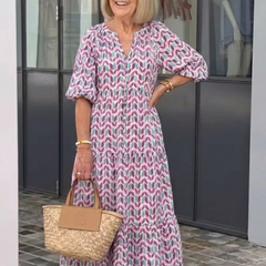 Mireya™ Geometric Print Long Sleeve Tiered Midi Dress